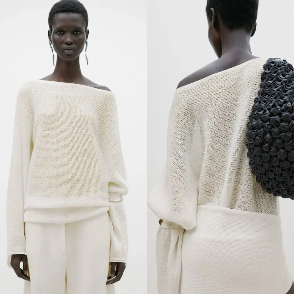 Massimo Dutti Cream Knit Open Neck Sweater